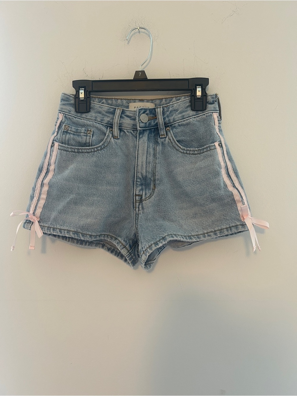 PacSun Light Wash Denim Shorts with Pink Ribbon Trim